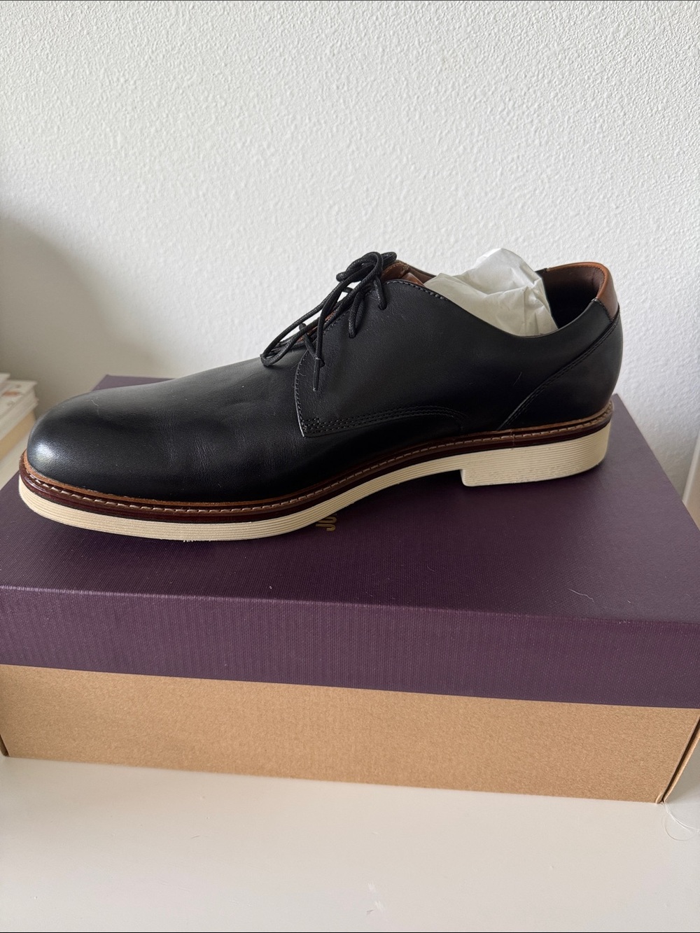 Johnston & Murphy Black Leather Derby with Cream Contrast Sole
